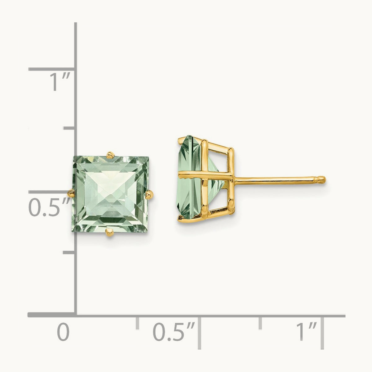 Square Checker-Cut Green Quartz Earrings, 8mm, 14K