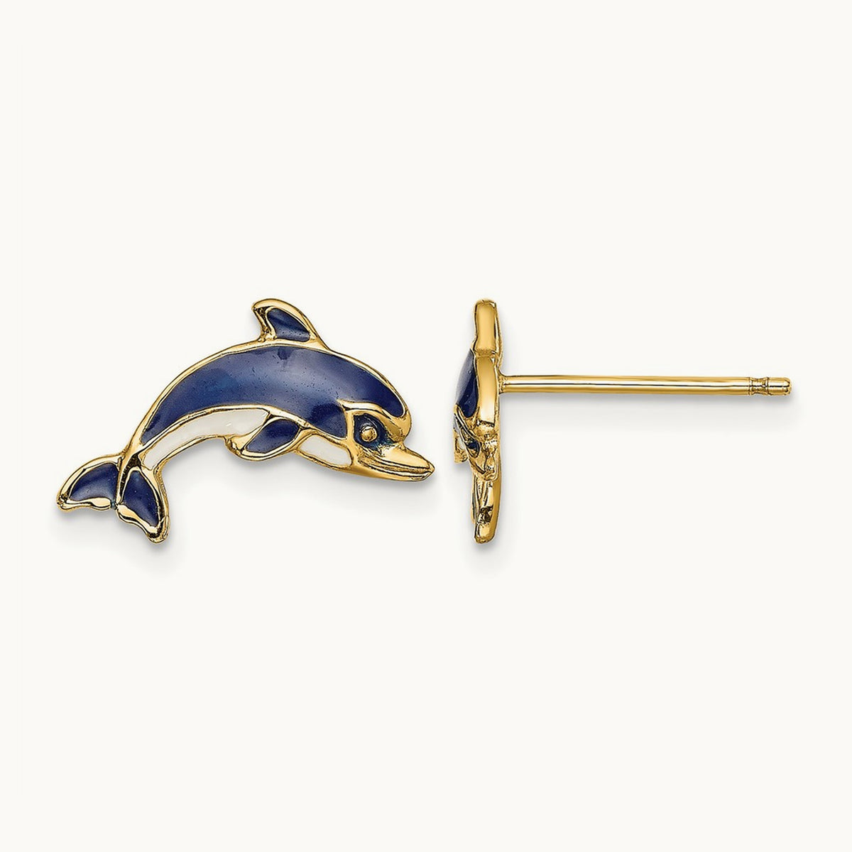 Blue and White Enamel Dolphin Post Earrings, 14K