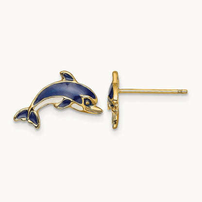 Blue and White Enamel Dolphin Post Earrings, 14K