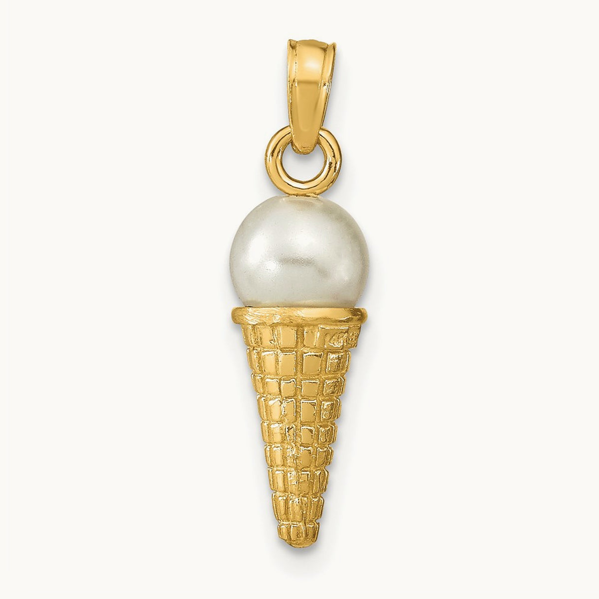 Satin Polished 3D White Bead Ice Cream Cone Pendant, 14K