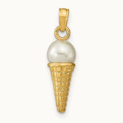 Satin Polished 3D White Bead Ice Cream Cone Pendant, 14K