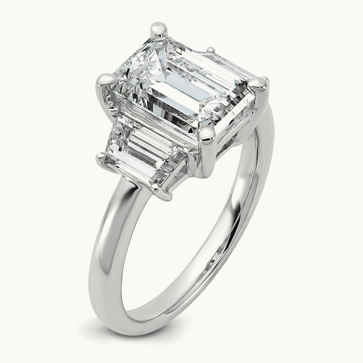 Emerald & Trapezoid Engagement Ring — 14K White Gold, 4 ct, 7