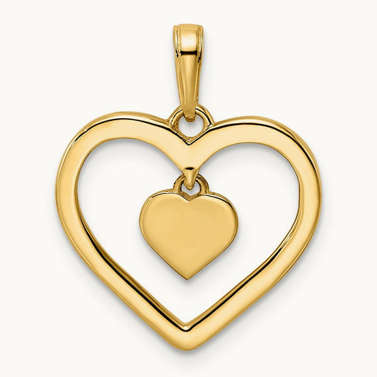 Diamond-cut Heart w/Dangle Heart Pendant, 14K with White Rhodium
