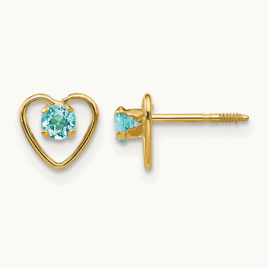 Madi K Genuine Blue Topaz Birthstone Heart Earrings, 3mm, 14K