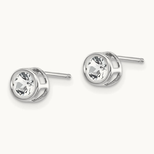 Bezel April/White Topaz Post Earrings, 4mm, 14K White Gold