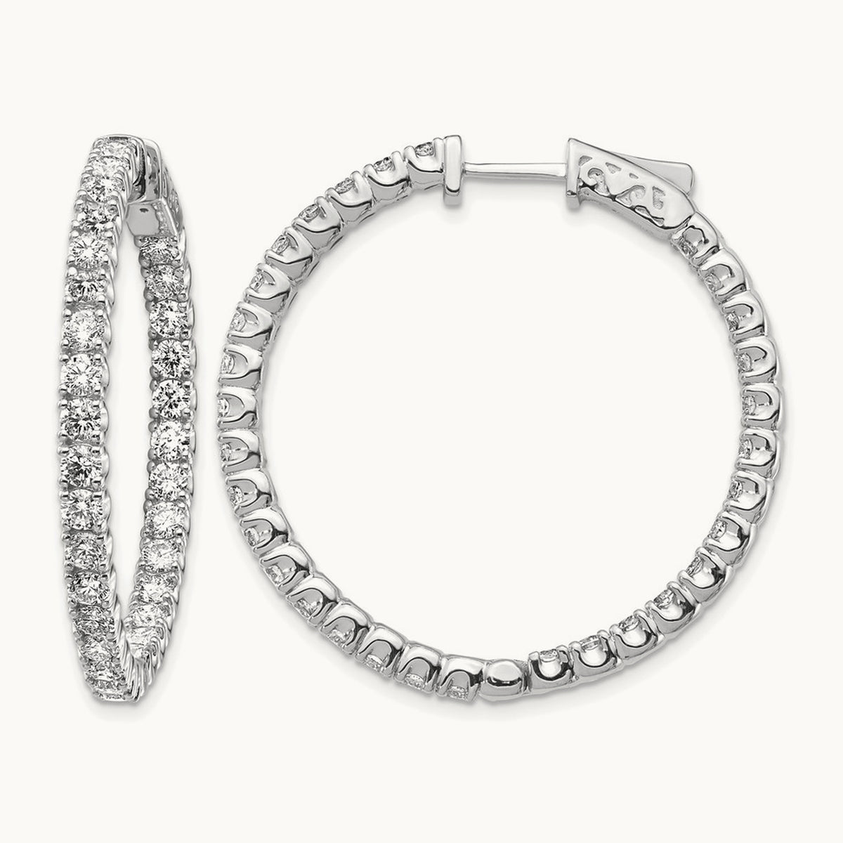 Diamond Round Hoop w/Safety Clasp Earrings, 14K White Gold