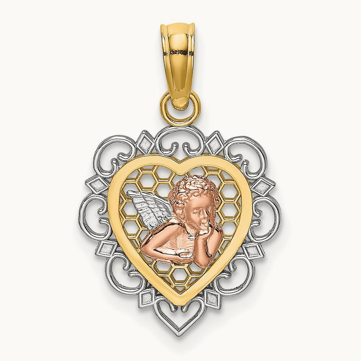 w/White Rhodium Small Angel In Heart Charm, 14K Two-tone