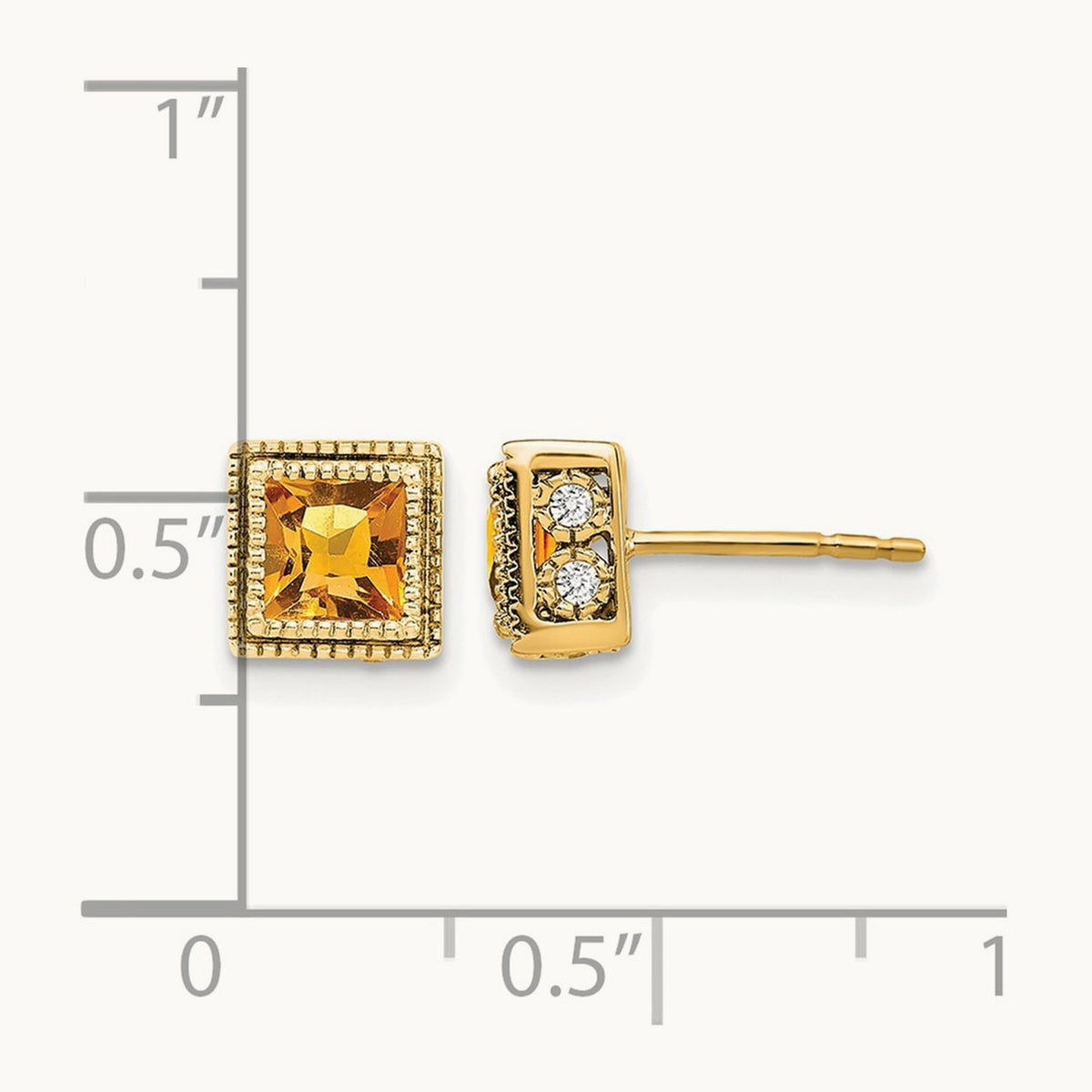 Square Citrine and Diamond Earrings — 14K Yellow Gold, 6.8mm