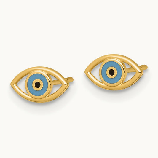 Polished Blue/Black Enamel Evil Eye Post Earrings, 14K
