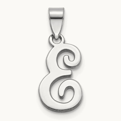 White Gold Script Letter E Initial Pendant, 14K White Gold
