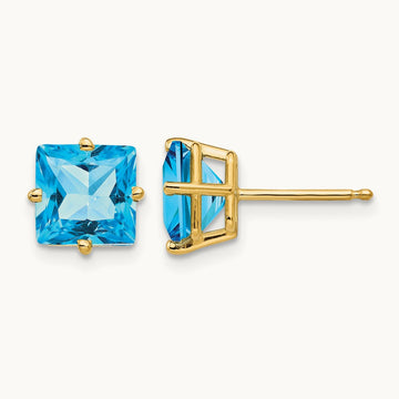 Princess Cut Blue Topaz Earrings, 7mm, 14K