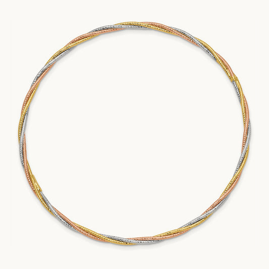 Tri-color Diamond-cut Twisted Slip-on Bangle, 14K