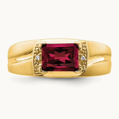 Emerald-cut Created Ruby and Diamond Mens Ring, 14K