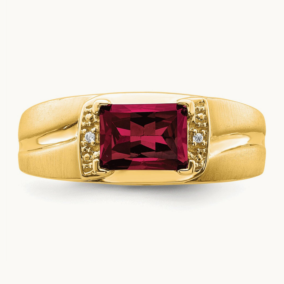 Emerald-cut Created Ruby and Diamond Mens Ring, 14K