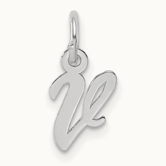 Small Script Letter V Initial Charm, 14K White Gold