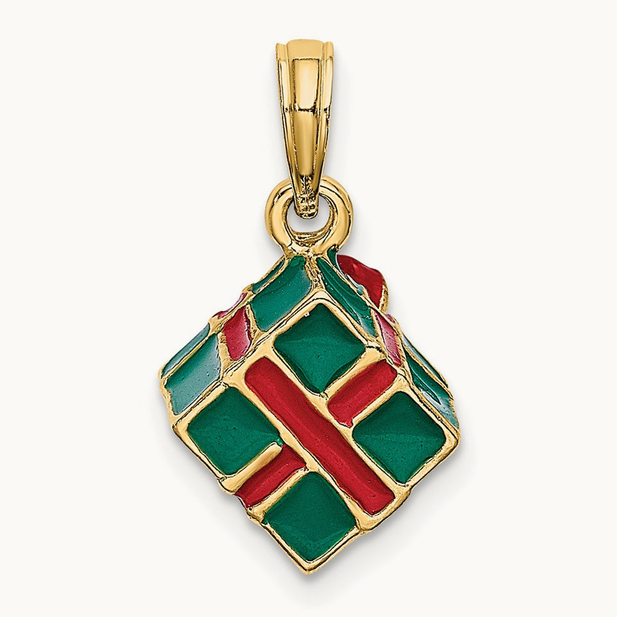 3-D w/Enamel Green Gift Box w/Red Bow Charm, 14K