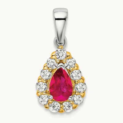 Pear Ruby and Diamond Halo Pendant, 14K Two-tone