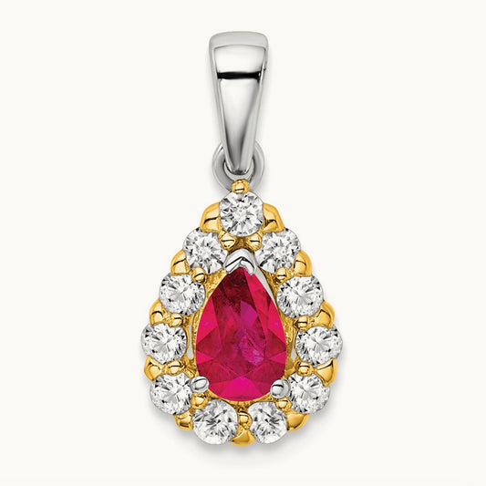 Pear Ruby and Diamond Halo Pendant, 14K Two-tone