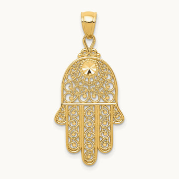 Diamond-cut Filigree Chamseh Pendant, 14K