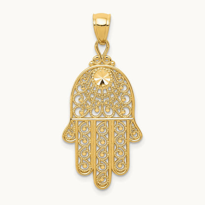 Diamond-cut Filigree Chamseh Pendant, 14K