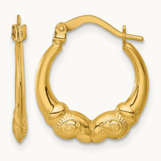 Polished Ram Head Hoop Earrings, 14K