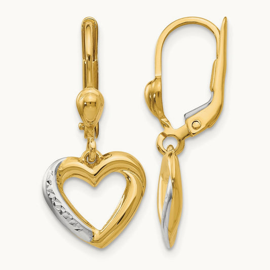 Textured and Polished Heart Leverback Earring, 14K with Rhodium