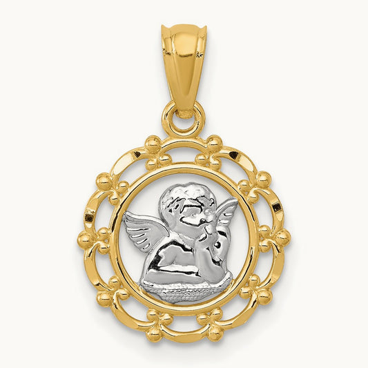 w/Rhodium Framed Cherub Pendant, 14K