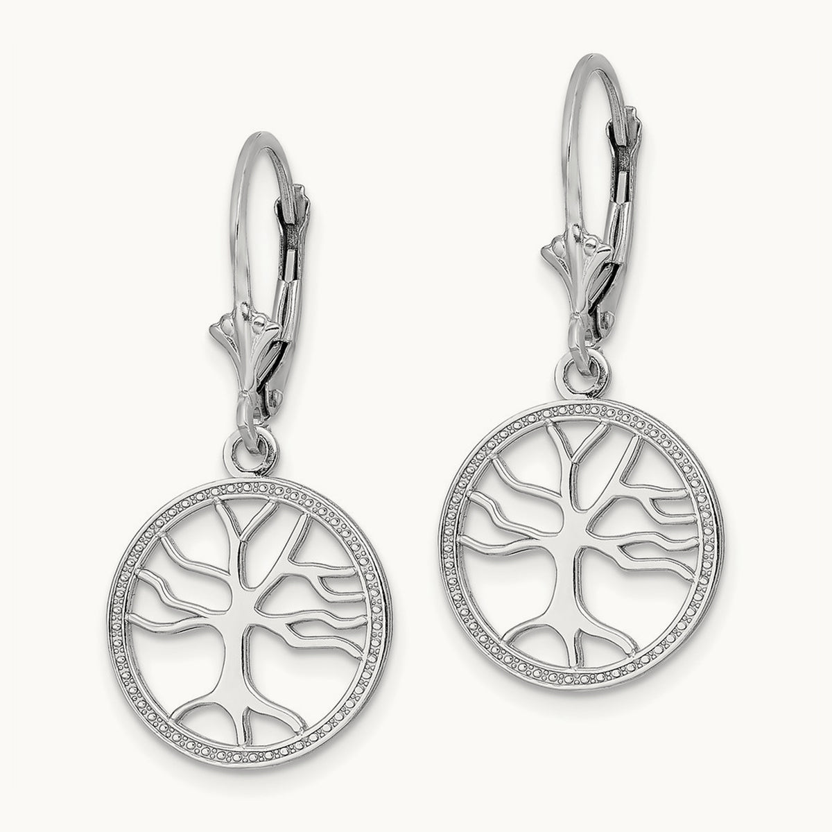 Tree of Life In Round Frame Leverback Earrings — 14K White Gold