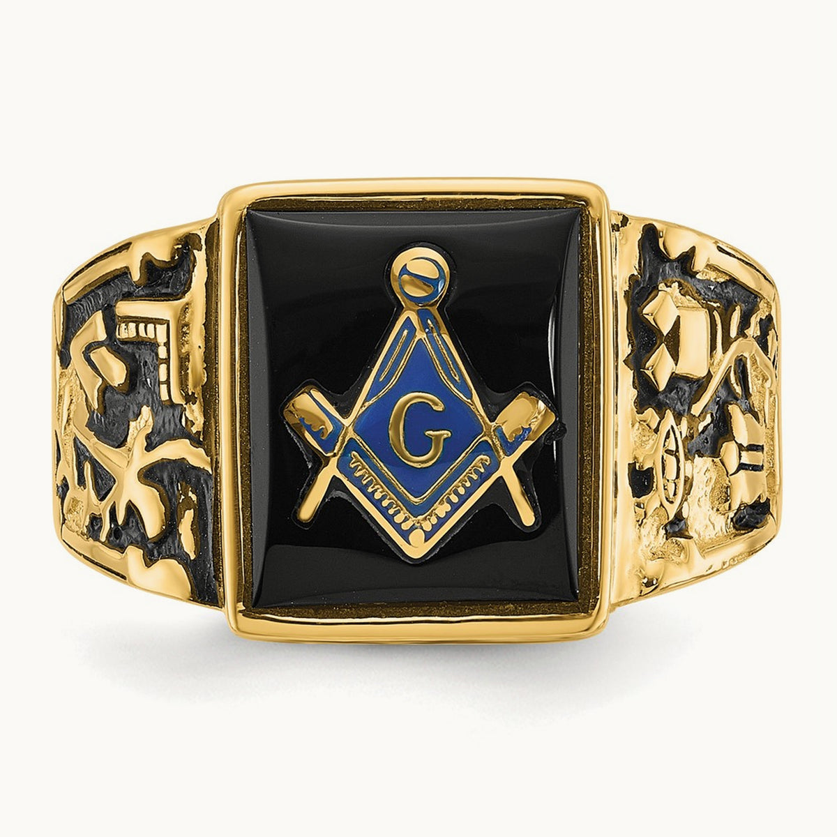 Men's Polished & Textured w/ Black Enamel & Onyx Masonic Ring, 14K