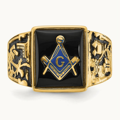 Men's Polished & Textured w/ Black Enamel & Onyx Masonic Ring, 14K