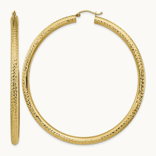 Diamond-cut Lightweight Tube Hoop Earrings — 14K Yellow Gold, 4x70mm