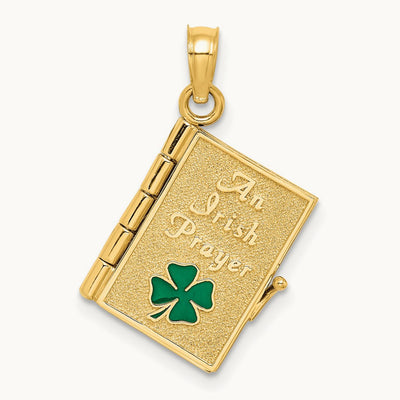 3-D Moveable Enameled AN IRISH PRAYER Book w/Clover Charm, 14K