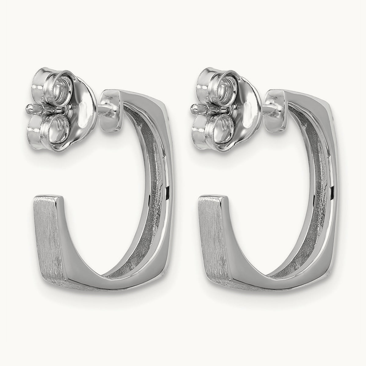 SS RH-plated Polished/Brushed Square J-Hoop Post Earrings — Leslie's