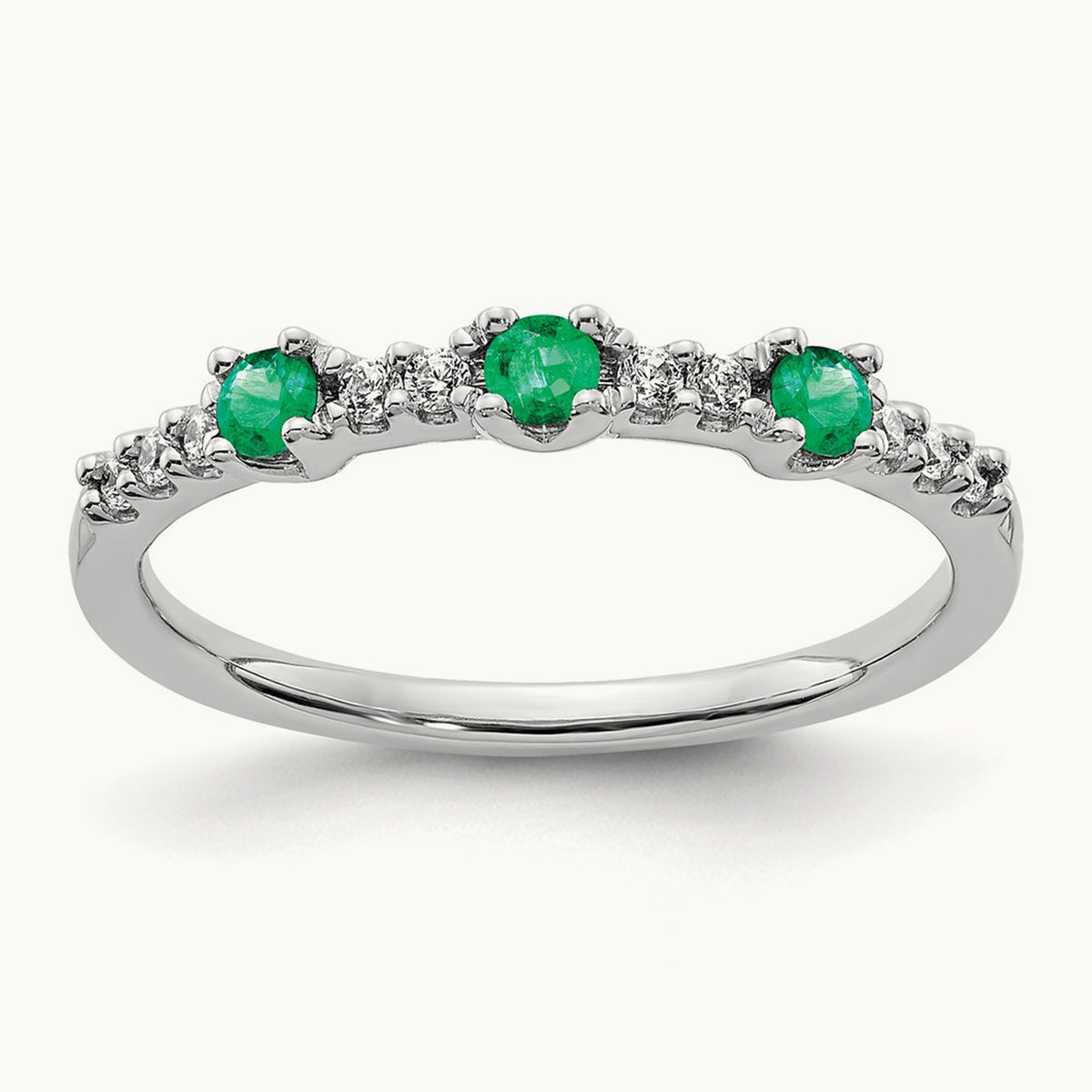 Diamond and Emerald 3-Stone Ring, 14K White Gold