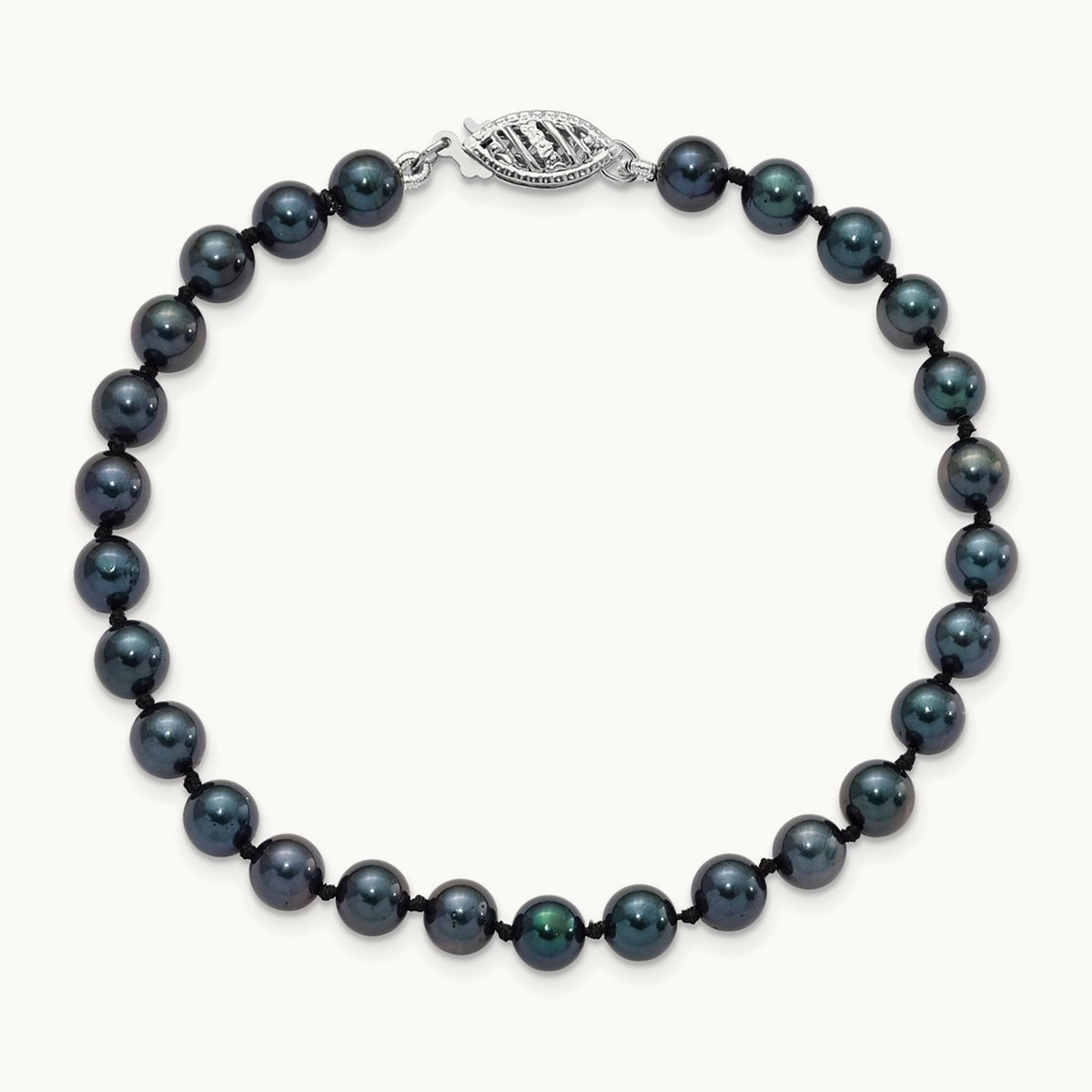 5- Round Black Saltwater Akoya Cultured Pearl Bracelet, 14K White Gold