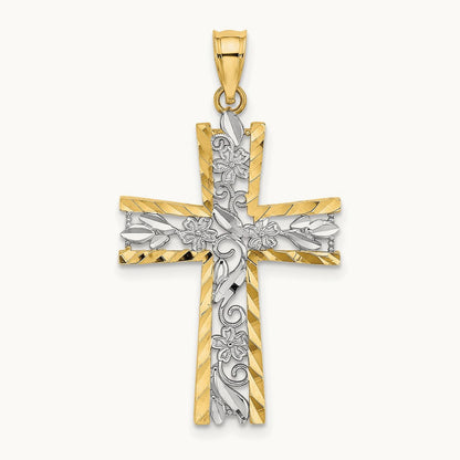 W/ Rhodium and D/C Flower Design Cross Charm, 14K