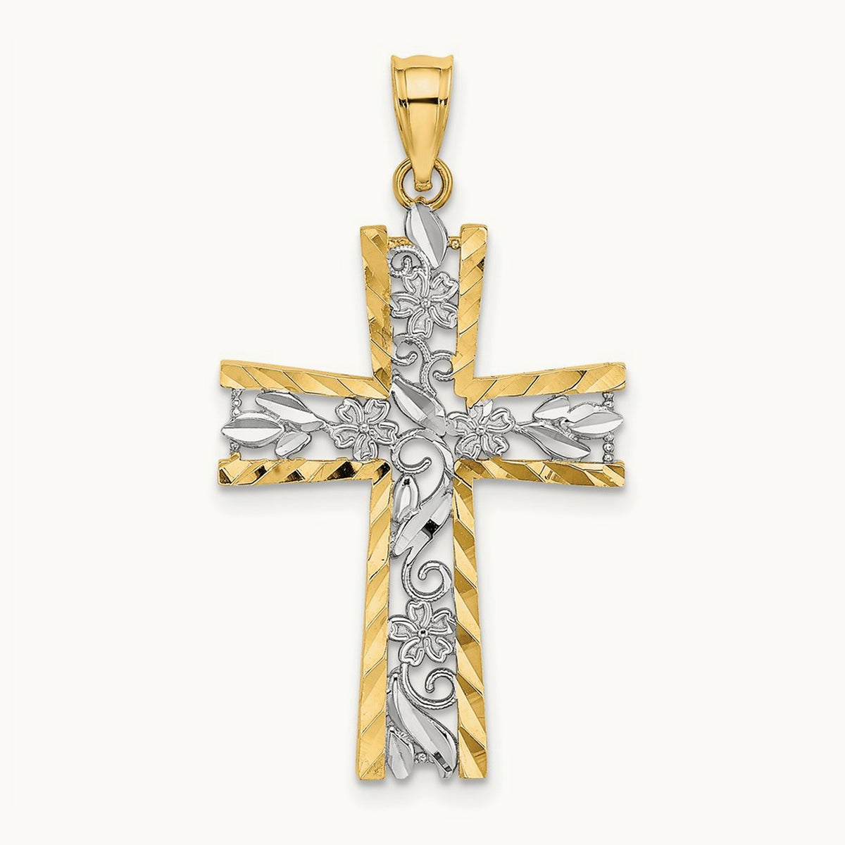 W/ Rhodium and D/C Flower Design Cross Charm, 14K