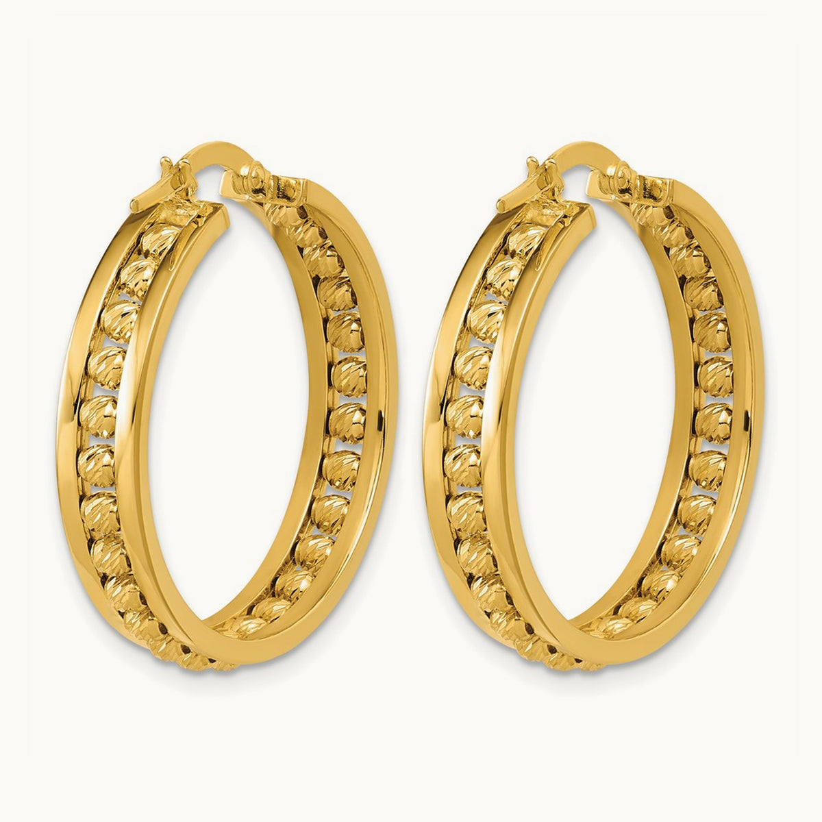 Polished and Diamond-cut Beaded Tube Hoop Earrings — 29.5mm