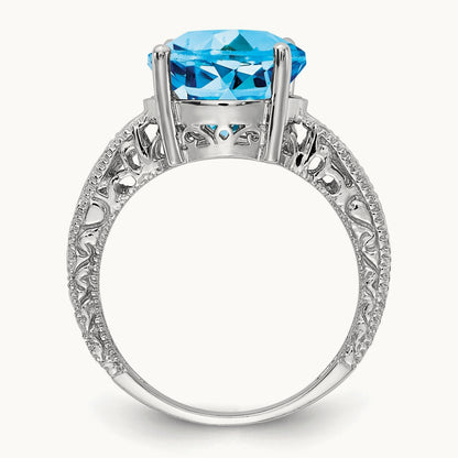 12x10mm Oval Blue Topaz AA Diamond ring, 14K White Gold