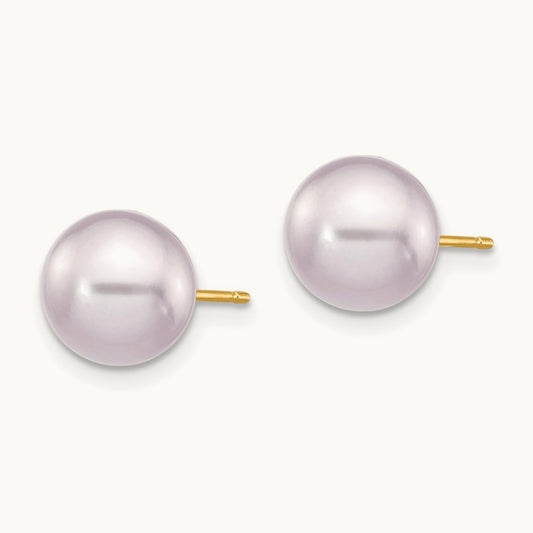 8- Purple Round Freshwater Cultured Pearl Stud Post Earrings, 9mm, 14K