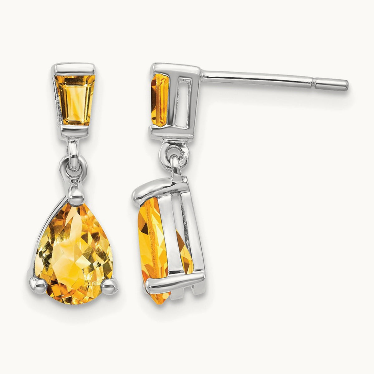 Citrine Dangle Post Earrings, 14K White Gold