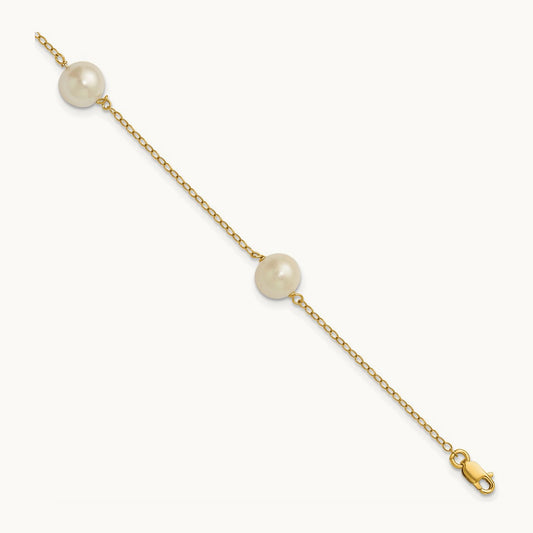 7- White Near Round Freshwater Cultured Pearl 3-station Bracelet, 8mm, 14K
