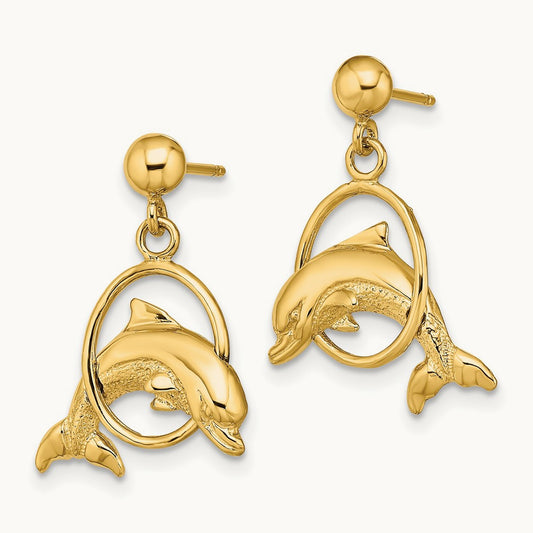2-D Polished Dolphin Jumping Through Hoop Earrings, 14K