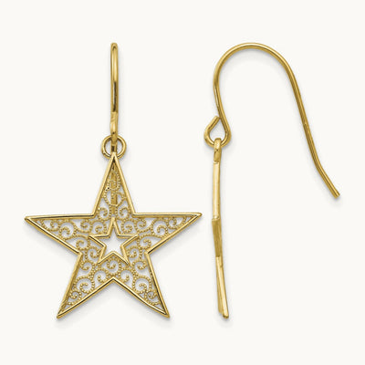 Filigree Star Shepherd Hook Earrings, 14K