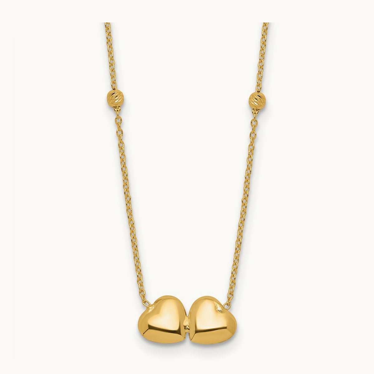D/C Beaded Double Heart 16in w/2in ext. Necklace, 14K