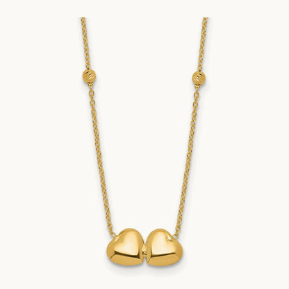 D/C Beaded Double Heart 16in w/2in ext. Necklace, 14K