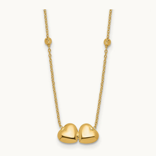 D/C Beaded Double Heart 16in w/2in ext. Necklace, 14K