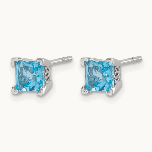 Square Blue Topaz Earrings, 14K White Gold