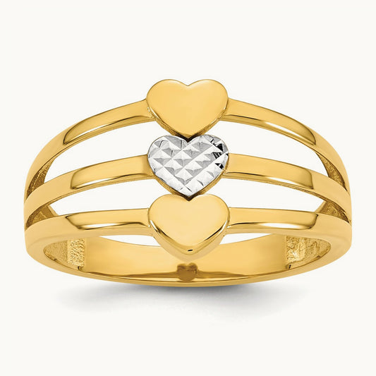 w/White Rhodium Polished & D/C Three Hearts Ring, 14K