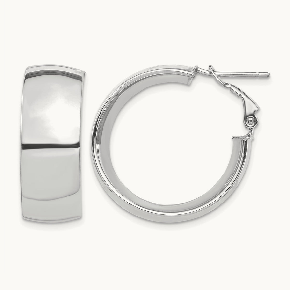 High Polished Omega Back Hoop Earrings — 14K White Gold, 10mm